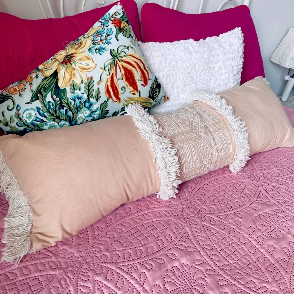Opalhouse Boho Pink and white embroidered fringe Oversized Oblong Throw Pillow